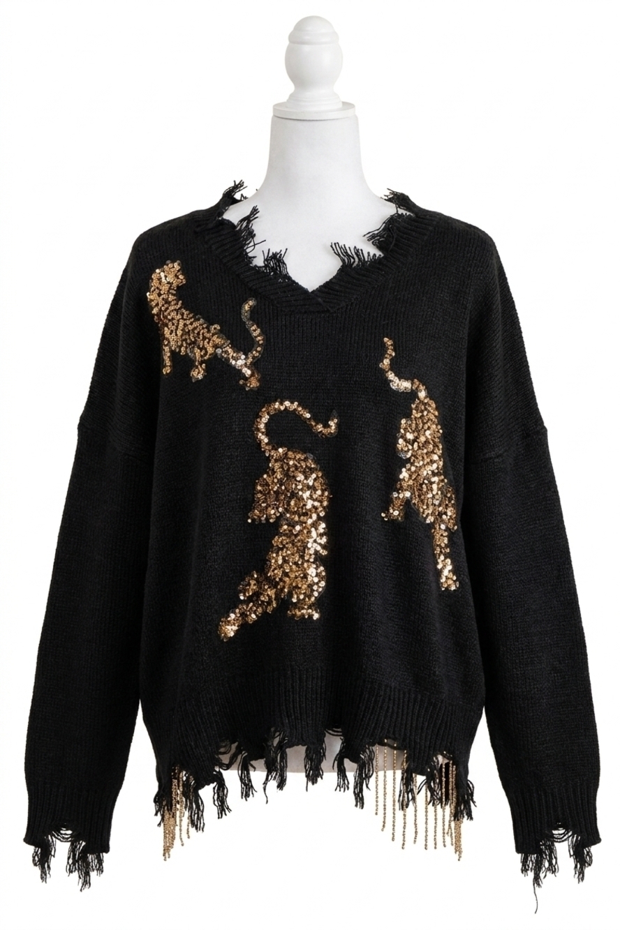 NEW BLUE B frayed v-neck tiger sequin sweater in black